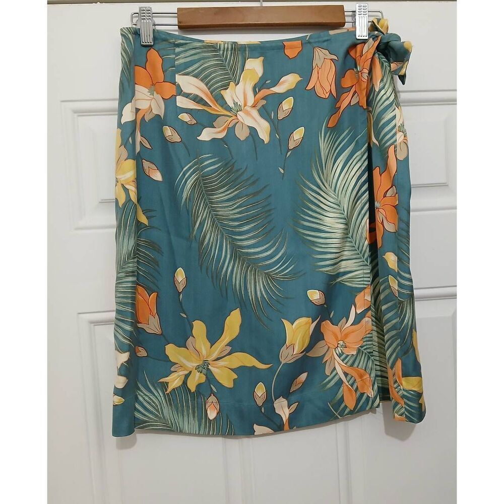 Tommy Bahama womens small 100% silk wrap skirt Teal blue orange Hawaiian